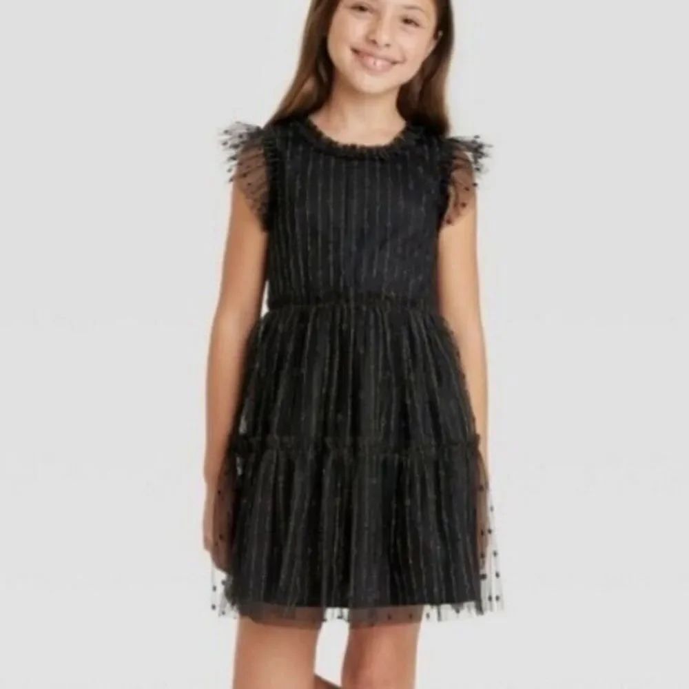 Cat & Jack Metallic Thread Party Black Dress Girls 6/6X EUC